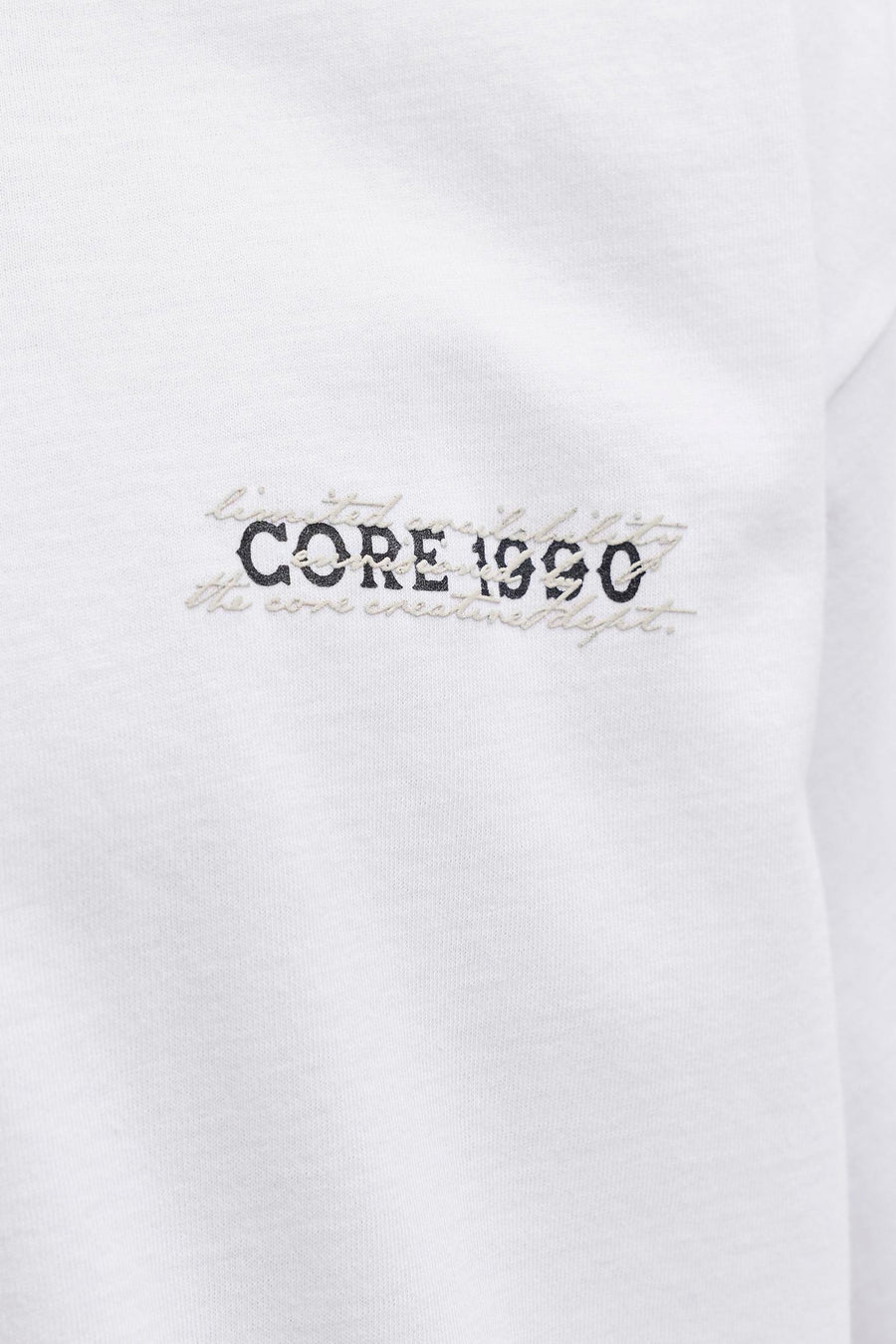 Wit T-shirt met korte mouwen van CORE BY JACK & JONES, voorzien van zwarte geborduurde tekst 'CORE 1990'.