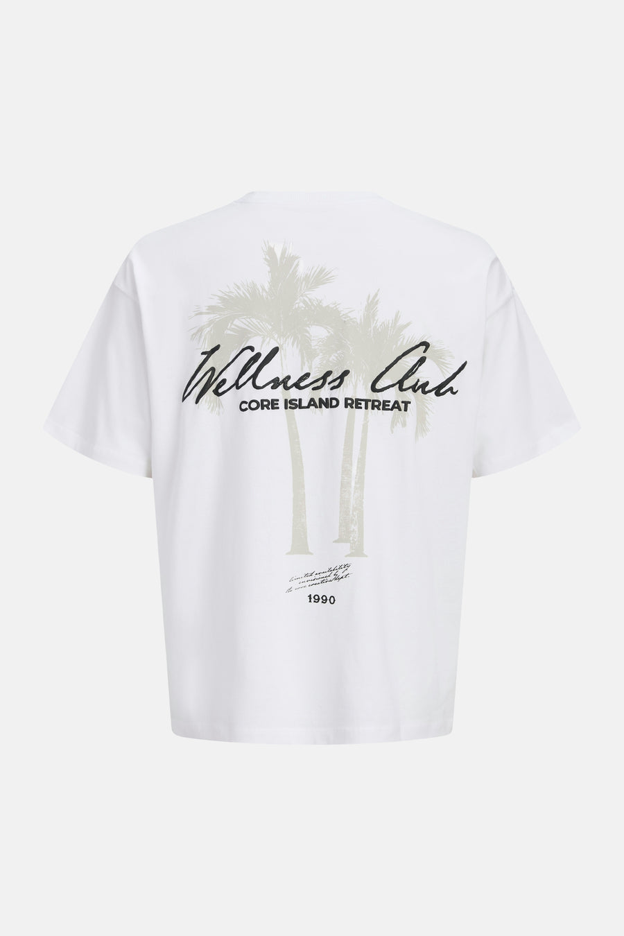 Wit T-shirt met korte mouwen van CORE BY JACK & JONES met een achterprint van palmbomen en de tekst 'Wellness Club'.