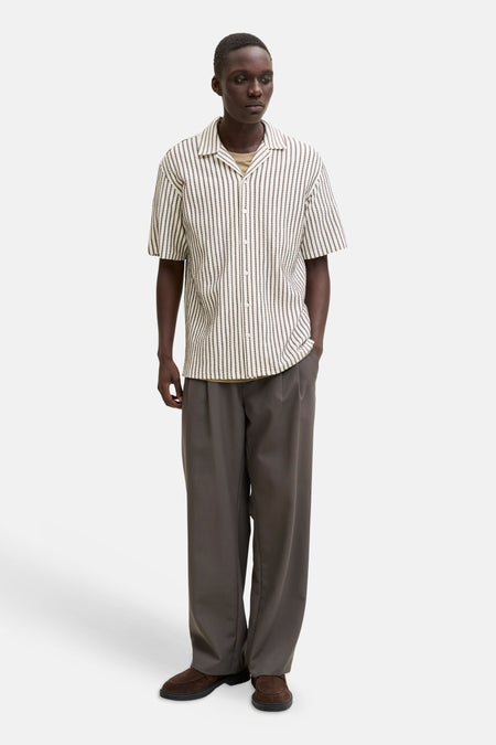 Bruin gestreept korte mouwen overhemd van PREMIUM by JACK & JONES, met open kraag en lichte textuur, gedragen met donkere broek en bruine schoenen, front view.