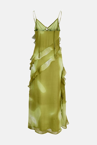 Groen mouwloos kleedje van JJXX met ruches en diagonale details, licht doorschijnend, front view