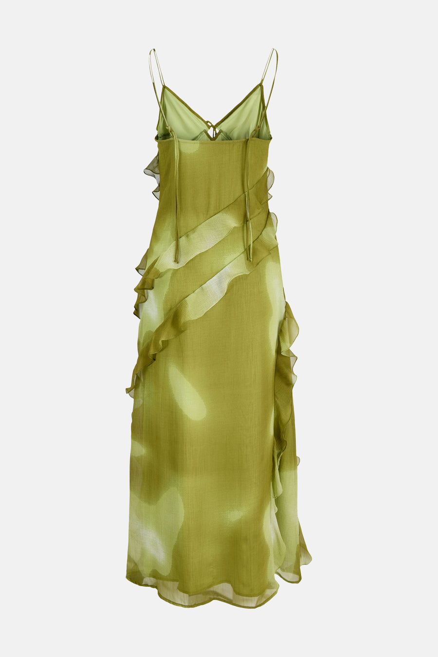 Groen mouwloos kleedje van JJXX met ruches en diagonale details, licht doorschijnend, front view
