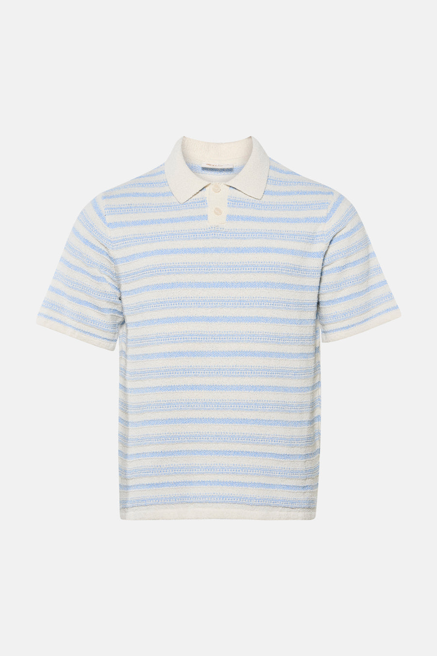 Multicolor gestreepte polo van ORIGINALS BY JACK & JONES, lichtblauw en crèmekleurig, textuurrijke stof, vooraanzicht