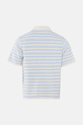 Multicolor gestreepte polo van ORIGINALS BY JACK & JONES, achterzijde, crèmekleurig met lichtblauwe strepen, korte mouwen, ribboordkraag
