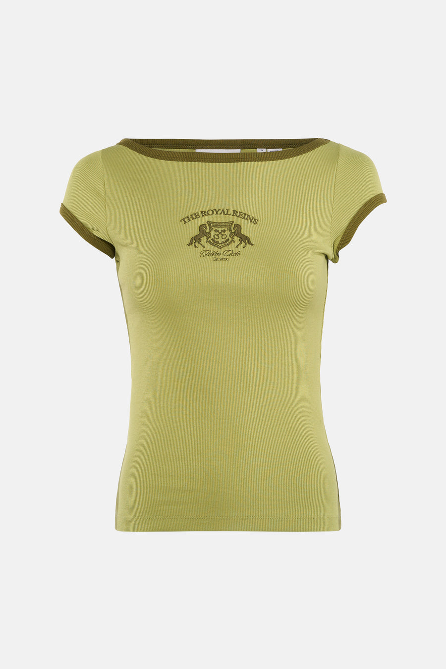 Groene ribbel T-shirt van JJXX met donkergroene randen en borstprint met wapenschild en paarden, front view