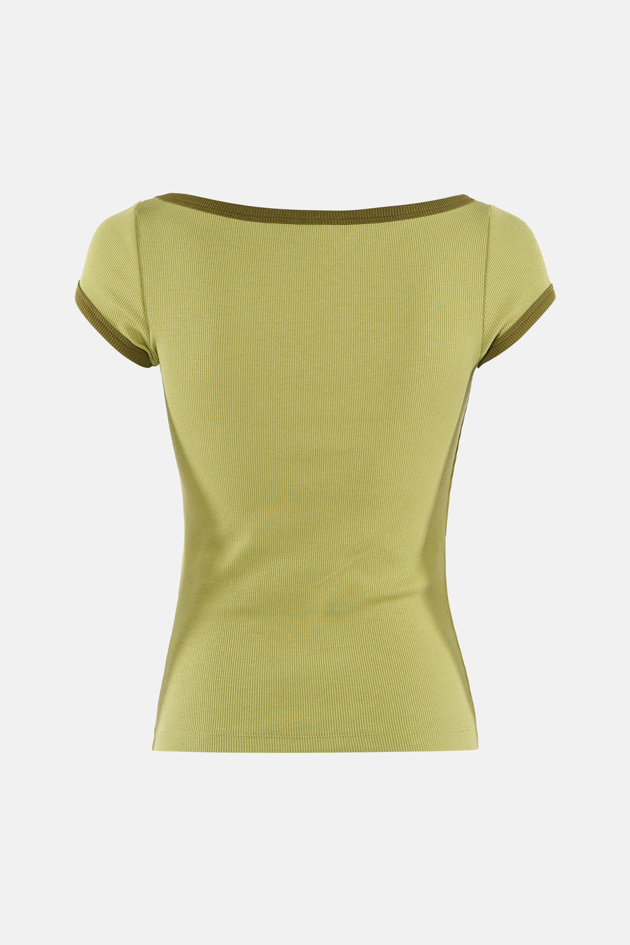 Groene ribbel t-shirt van JJXX, achterkant met donkergroene bies aan kraag en mouwen, strakke pasvorm