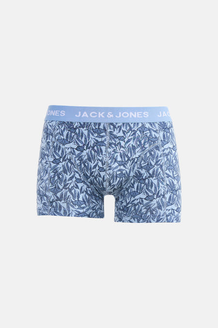 Blauwe boxershort van ACCESSORIES BY JACK & JONES met een bladerenmotief.
