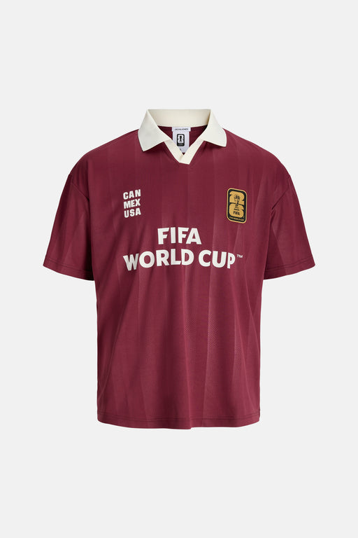Bruine polo van ORIGINALS BY JACK & JONES met witte kraag, verticale strepen, 'CAN MEX USA' en FIFA World Cup logo en tekst op de borst.