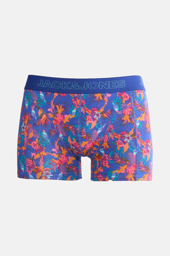 Blauwe boxershort van JACK & JONES met kleurrijke bloemen- en vogelprint.