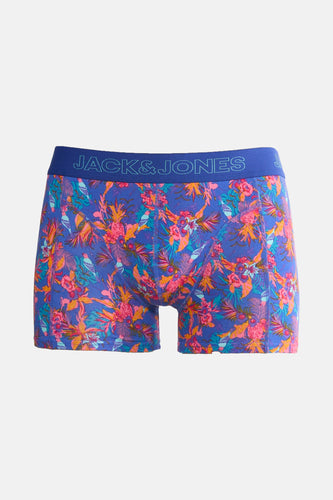 Blauwe boxershort van JACK & JONES met kleurrijke bloemen- en vogelprint.