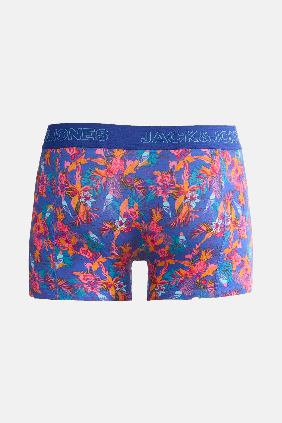 Blauwe boxershort van ACCESSORIES BY JACK & JONES met kleurrijke bloemen- en vogelprint.