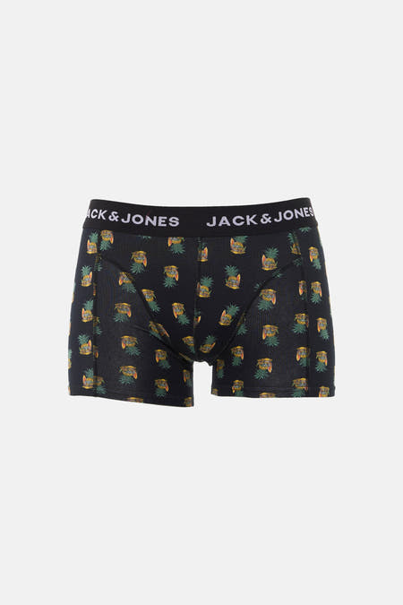 Zwarte boxershort van JACK & JONES met een opvallende print van ananassen en surfplanken.
