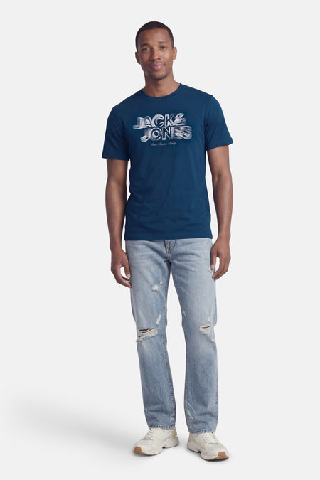 T-shirt à manches courtes bleu de CORE BY JACK & JONES, avec impression de logo blanc.