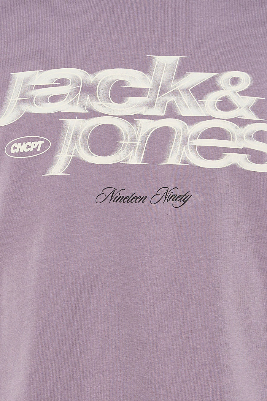 T-shirt à manches courtes violet de CORE BY JACK & JONES, avec les textes "Jack & Jones", "CNCPT" et "Nineteen Ninety".