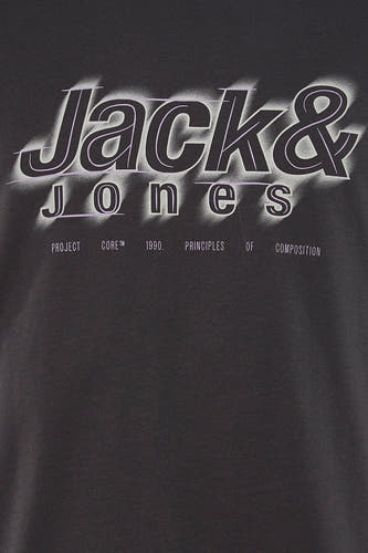 T-shirt gris à manches courtes de CORE BY JACK & JONES, avec imprimé et texte.