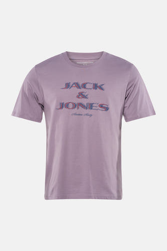 Paars T-shirt met korte mouwen van CORE BY JACK & JONES, met een grafische print van de merknaam in rood en blauw.