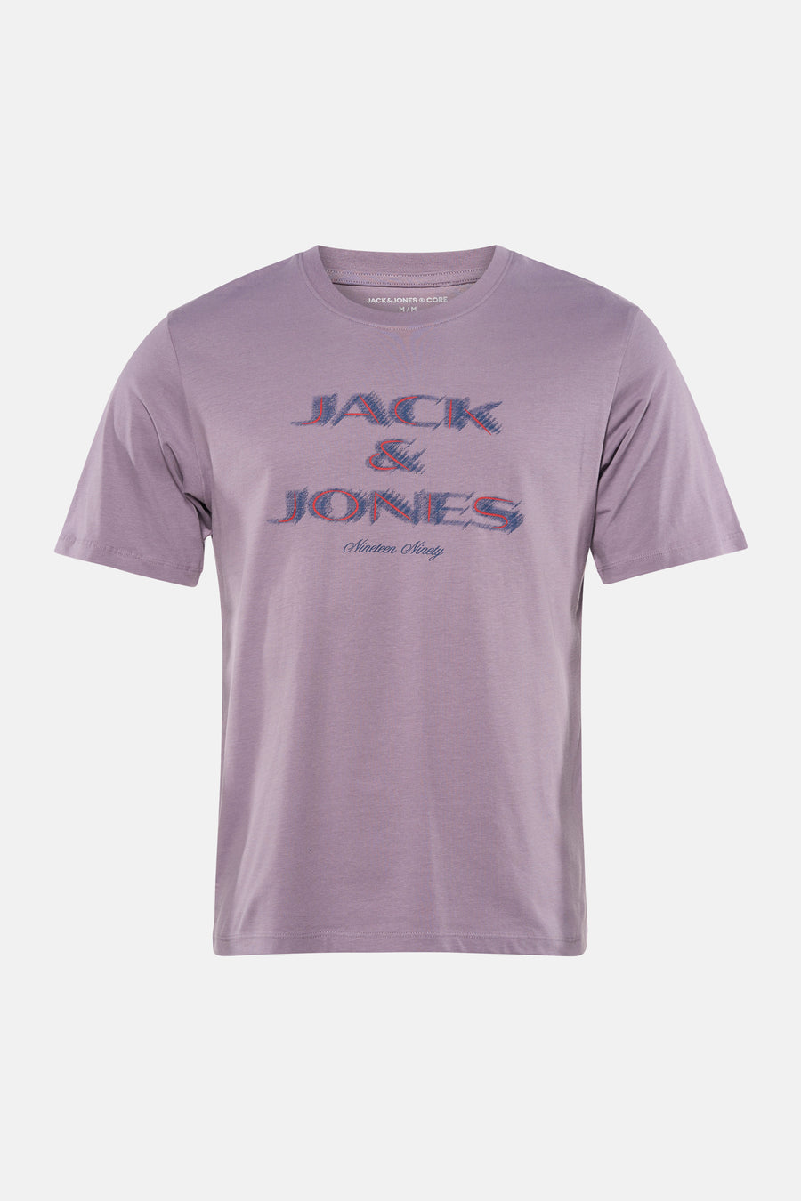 Paars T-shirt met korte mouwen van CORE BY JACK & JONES, met een grafische print van de merknaam in rood en blauw.