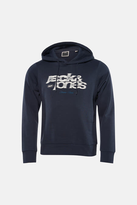 Blauwe sweater met kap van CORE by JACK & JONES, met witte logo-opdruk op de voorkant.
