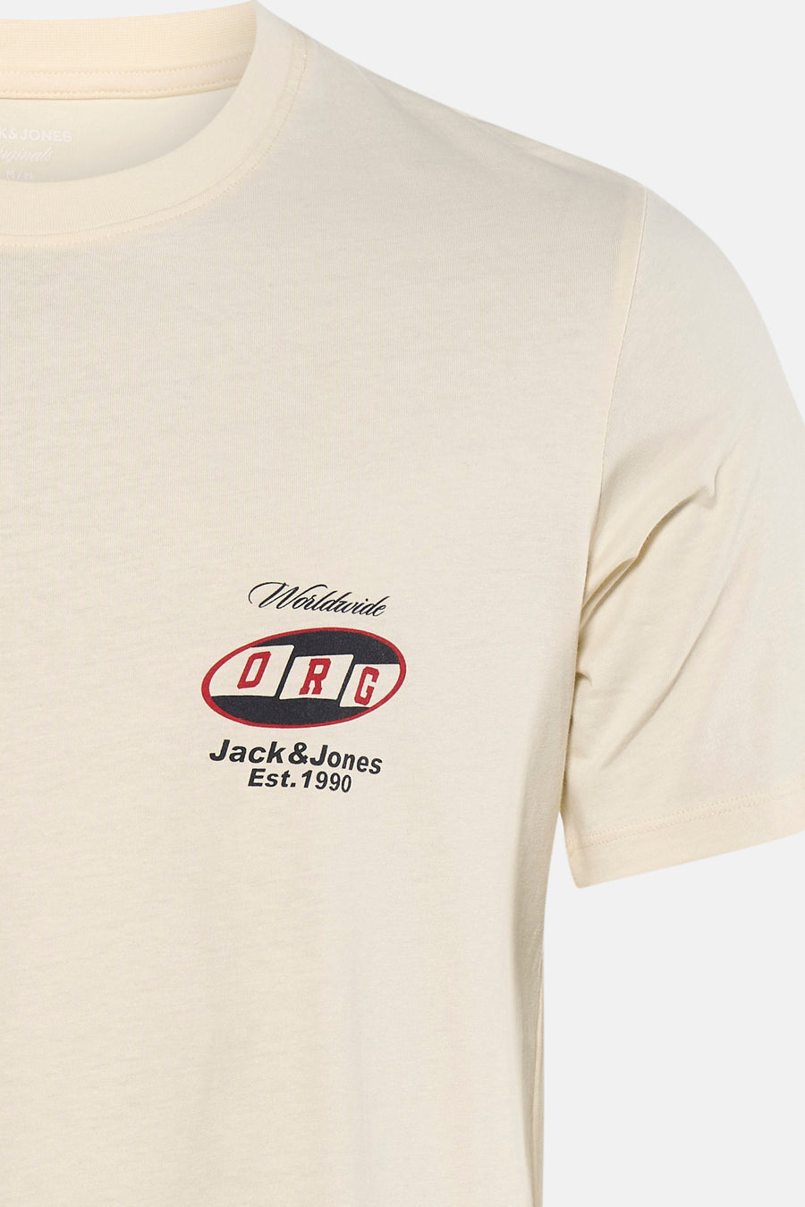 Ecru T-shirt met korte mouwen van ORIGINALS BY JACK & JONES, met logo en tekstprint op de borst.
