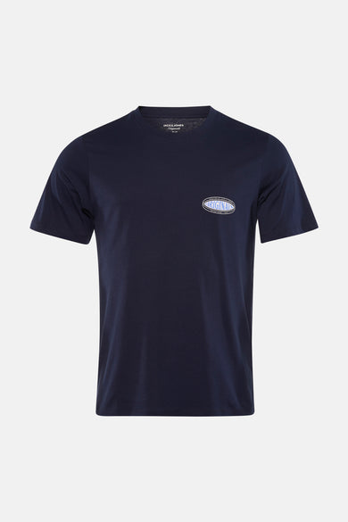 T-shirt bleu à manches courtes de ORIGINALS BY JACK & JONES, avec un petit imprimé sur la poitrine, à combiner avec un jean et des baskets.