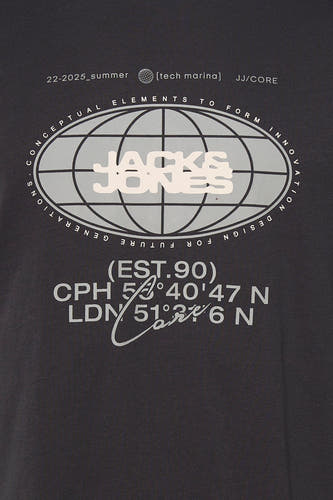 Grijs T-shirt met korte mouwen van Core by Jack & Jones, met een grafische print van een wereldbol en tekst.
