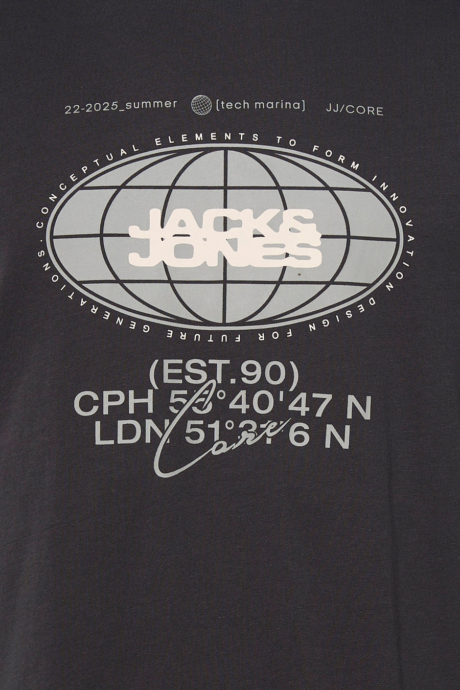 Grijs T-shirt met korte mouwen van Core by Jack & Jones, met een grafische print van een wereldbol en tekst.
