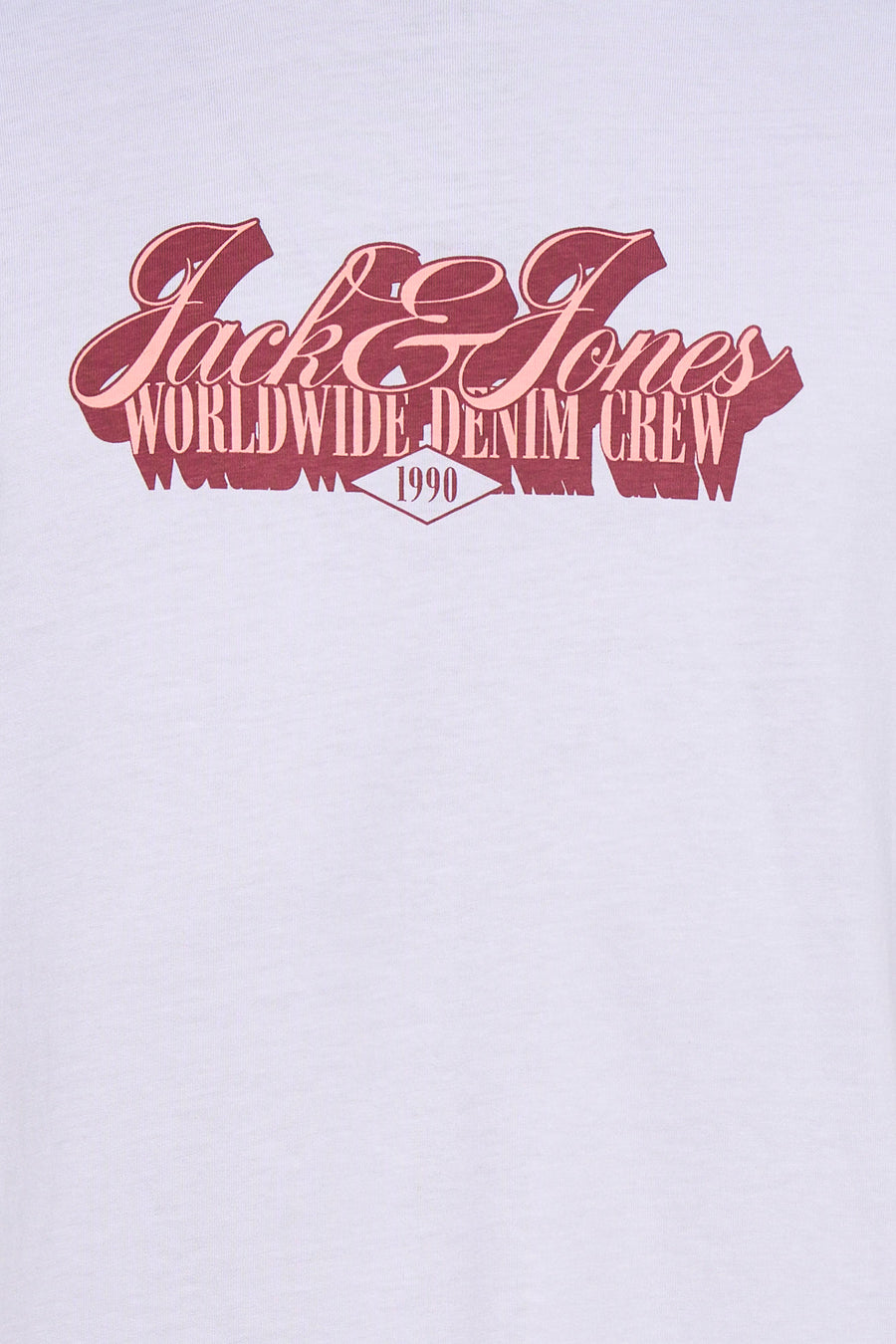 Wit T-shirt met korte mouwen van ORIGINALS BY JACK & JONES, met een roodbruine en perzikkleurige 'Jack & Jones Worldwide Denim Crew 1990' print.