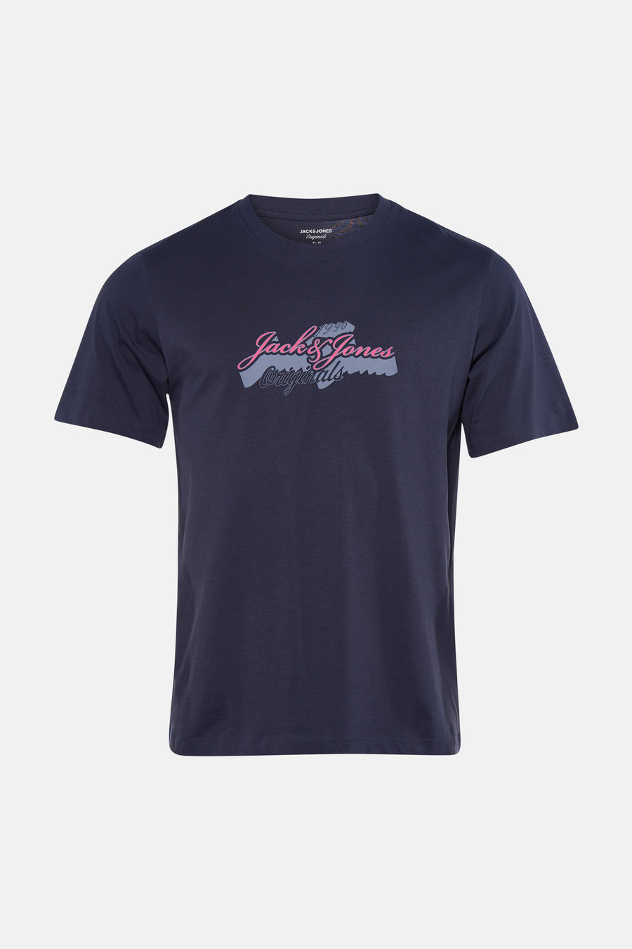 T-shirt bleu marine de ORIGINALS BY JACK & JONES avec un logo rose et gris "Jack & Jones Originals 1990" sur la poitrine.