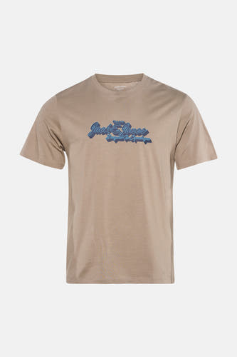 Zandkleurig T-shirt van ORIGINALS BY JACK & JONES met blauwe print op de borst.