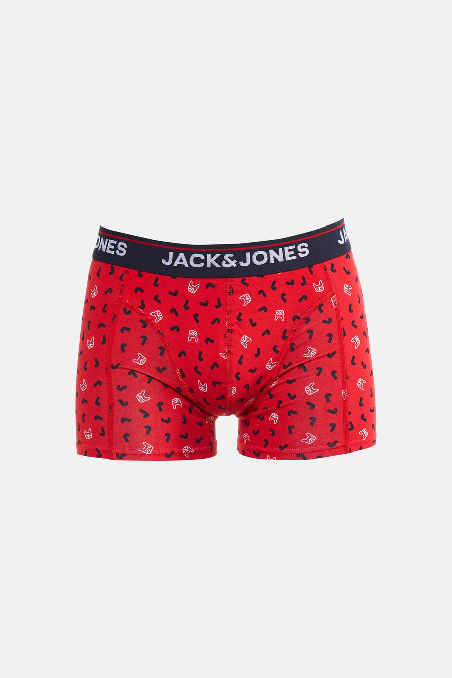 Boxer short rouge de ACCESSORIES BY JACK & JONES, avec un motif ludique de manettes de jeu et de boomerangs.