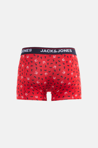 Rode boxershort van ACCESSORIES BY JACK & JONES, met een speels patroon van gamecontrollers en boemerangs.