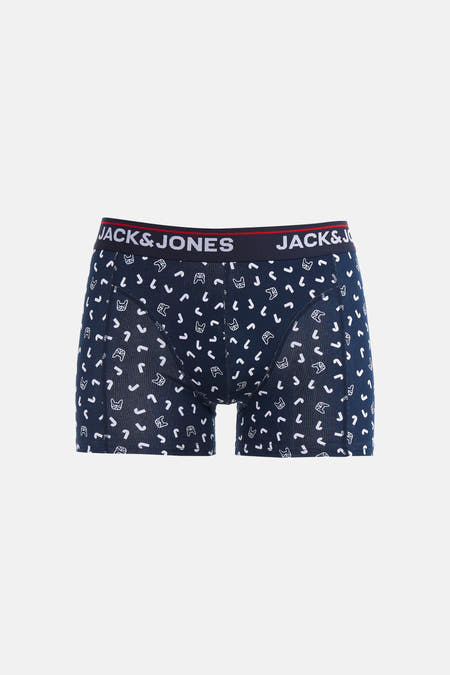 Blauwe boxershort van ACCESSORIES BY JACK & JONES, met een speelse witte print van gamecontrollers en hockeysticks.