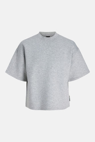 Grijze ronde-hals sweater van CORE BY JACK & JONES, met marl textuur en korte mouwen, front view