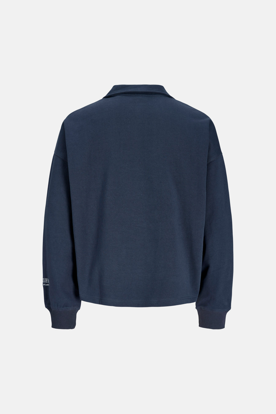 Donkerblauwe sweater met opstaande kraag van ORIGINALS BY JACK & JONES, rugaanzicht met geribbelde manchetten, zoom en kleine witte tekst op de mouw.