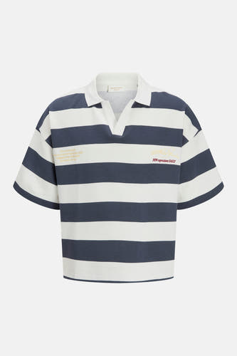 Gestreepte sweater van ORIGINALS BY JACK & JONES met polokraag, V-hals en korte mouwen in wit en donkerblauw, met tekstprints op de borst.