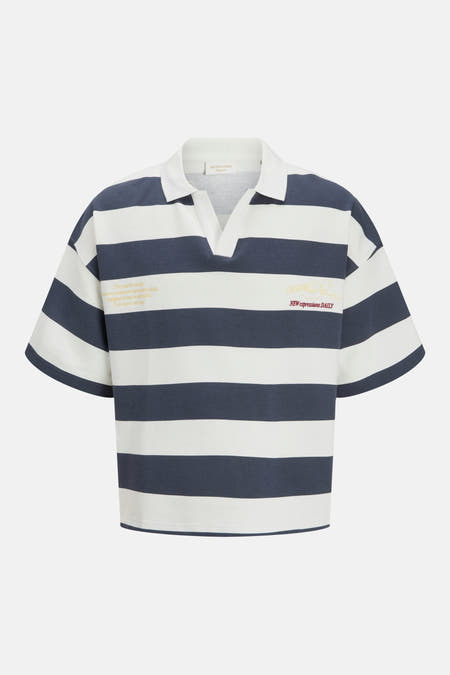 Gestreepte sweater van ORIGINALS BY JACK & JONES met polokraag, V-hals en korte mouwen in wit en donkerblauw, met tekstprints op de borst.