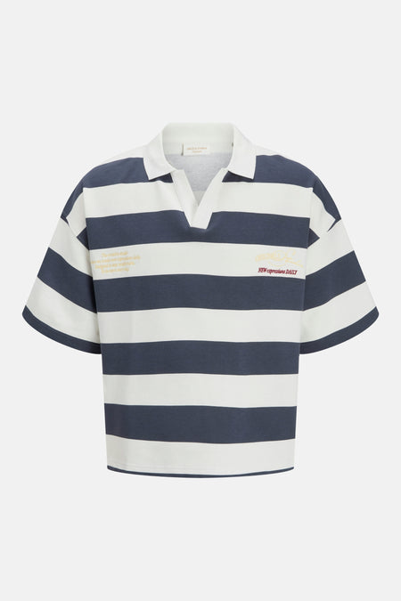 Gestreepte sweater van ORIGINALS BY JACK & JONES met polokraag, V-hals en korte mouwen in wit en donkerblauw, met tekstprints op de borst.