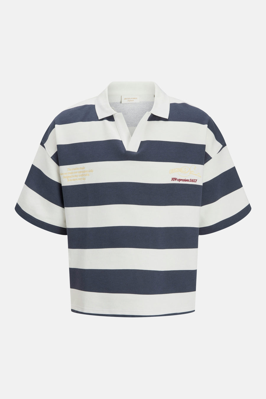 Gestreepte sweater van ORIGINALS BY JACK & JONES met polokraag, V-hals en korte mouwen in wit en donkerblauw, met tekstprints op de borst.