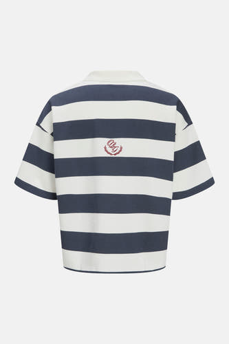 Donkerblauw en wit gestreepte sweater van ORIGINALS BY JACK & JONES, met kraag, korte mouwen en rood geborduurd logo op de rug.