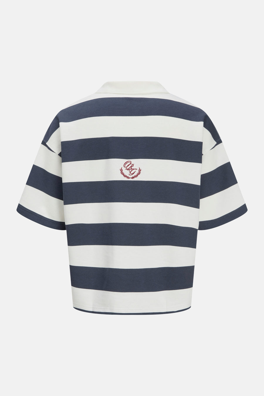 Donkerblauw en wit gestreepte sweater van ORIGINALS BY JACK & JONES, met kraag, korte mouwen en rood geborduurd logo op de rug.