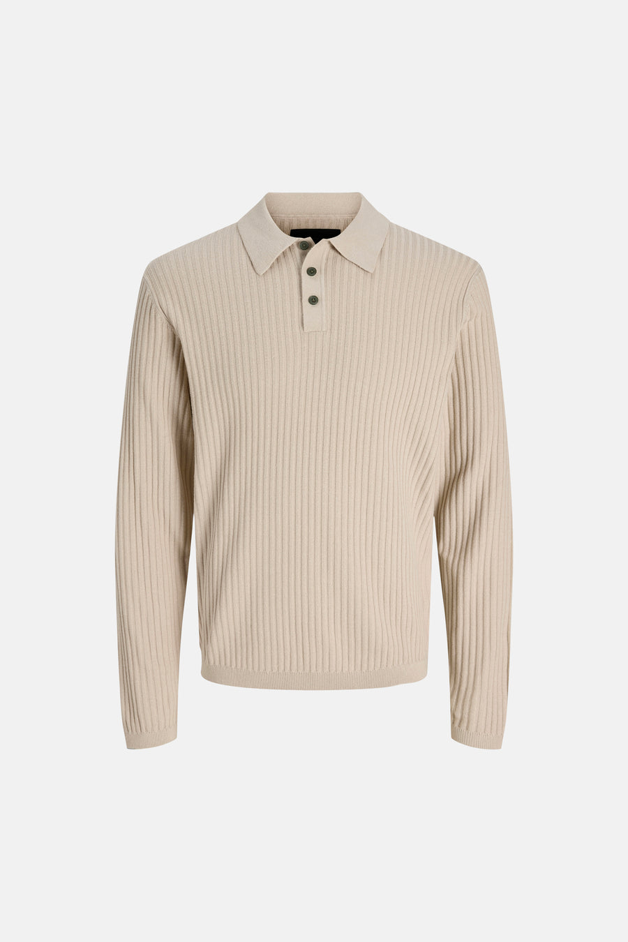 Beige trui met ronde hals van PREMIUM by JACK & JONES, geribbeld gebreid, met een polokraag en drie donkere knopen.