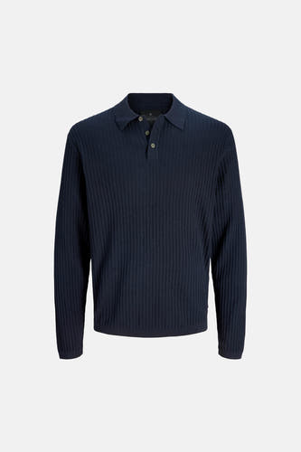 Pull bleu côtelé de PREMIUM by JACK & JONES avec col polo et boutons.
