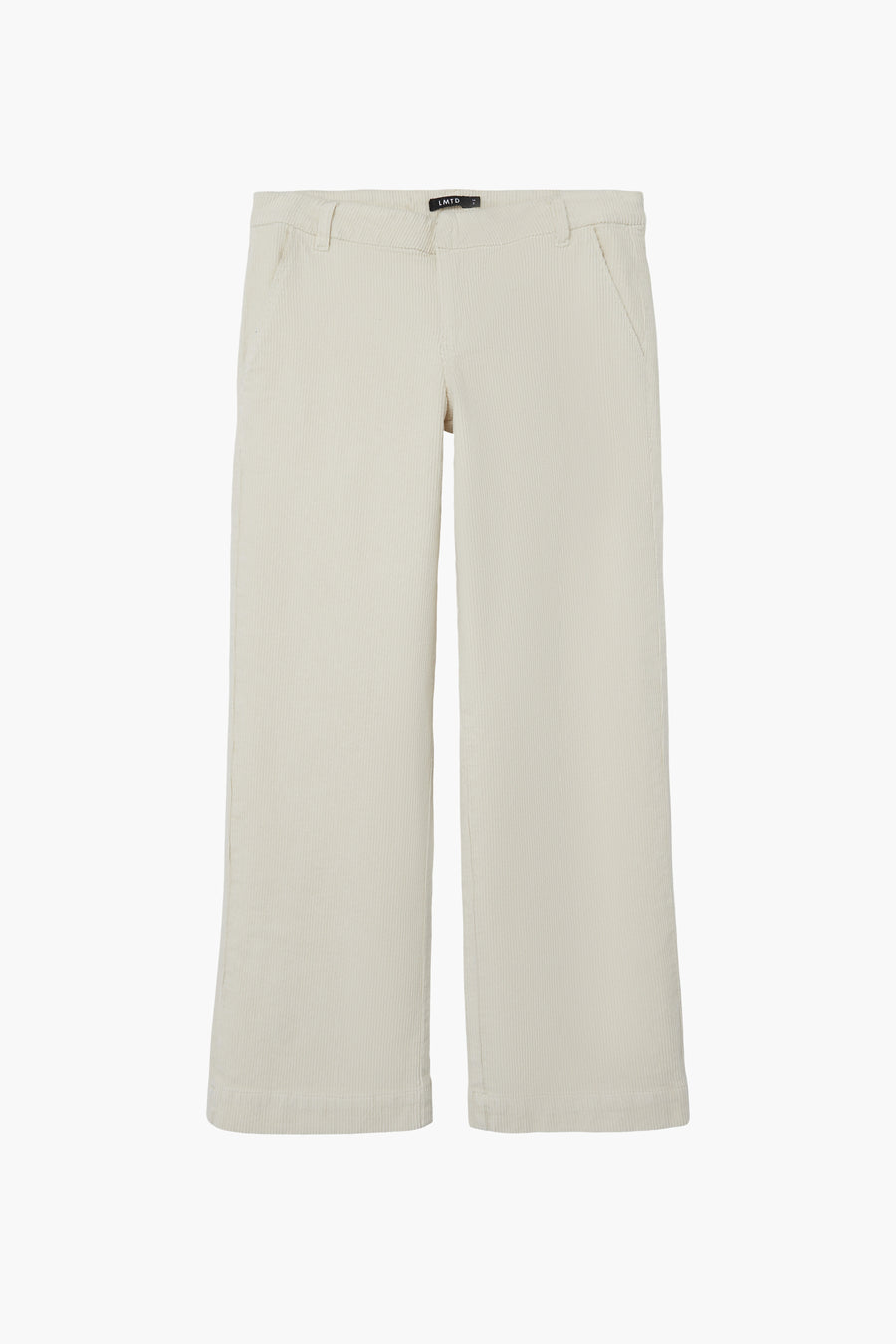 Grijze corduroy broek van LMTD, met wijde pijpen en zakken aan de voorkant.