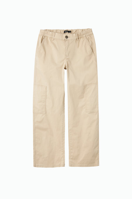 Pantalon gris de LMTD avec poches sur les côtés, ceinture élastique et fermeture à boutons.