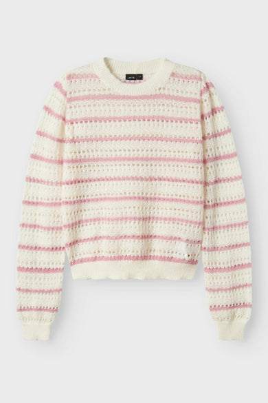 Sweat-shirt multicolore avec col rond de LMTD, avec un motif brodé ouvert et des rayures roses, version courte.