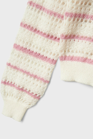 Multikleurige trui met ronde hals van LMTD, met opengewerkt breisel en roze strepen, cropped weergave.
