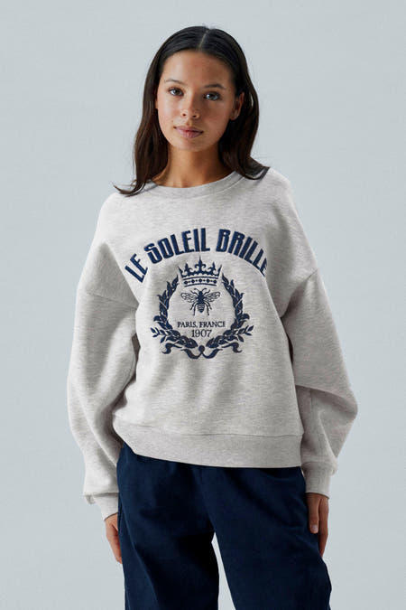 Grijze sweater van LMTD, met donkerblauwe 'Le Soleil Brille' print met kroon, bij en takken.

