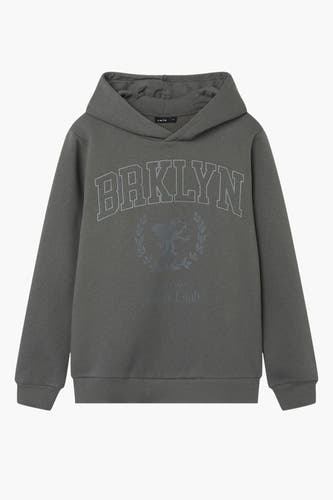 Pull-over gris avec capuche de LMTD, avec le texte 'BRKLYN' et une impression graphique sur l'avant.