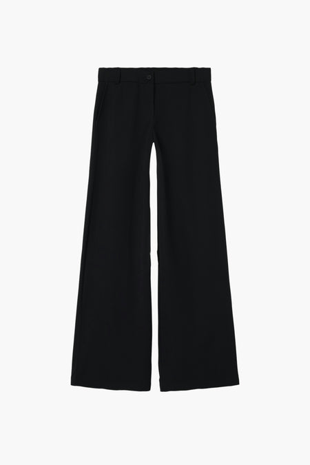 Pantalon noir de LMTD, avec des jambes larges et une fermeture à boutons, contre un fond blanc.