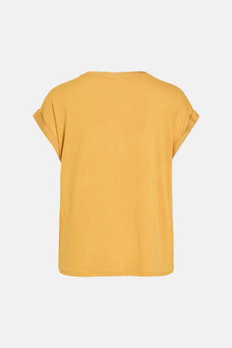Goudkleurige top met korte mouwen van VILA, met omgeslagen mouwen, achterkant.
