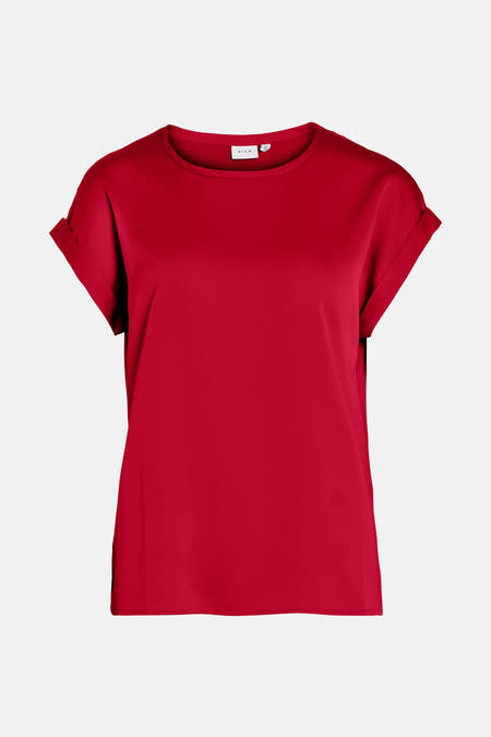 Rood T-shirt met korte mouwen van Vila, met omgeslagen mouwen.